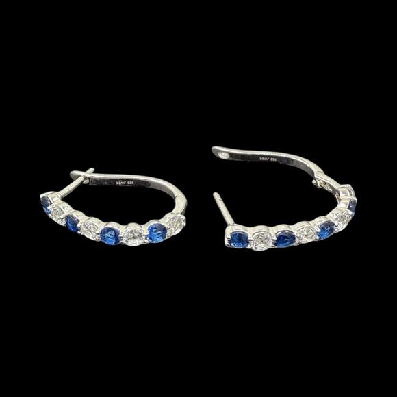 Blue Sapphire White Sapphire Leverback Earrings 925 Sterling Silver Hoop Huggie - Picture 7 of 8
